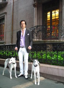James Andrew of "What is James Wearing?" with his whippets, Rupert and Nigel